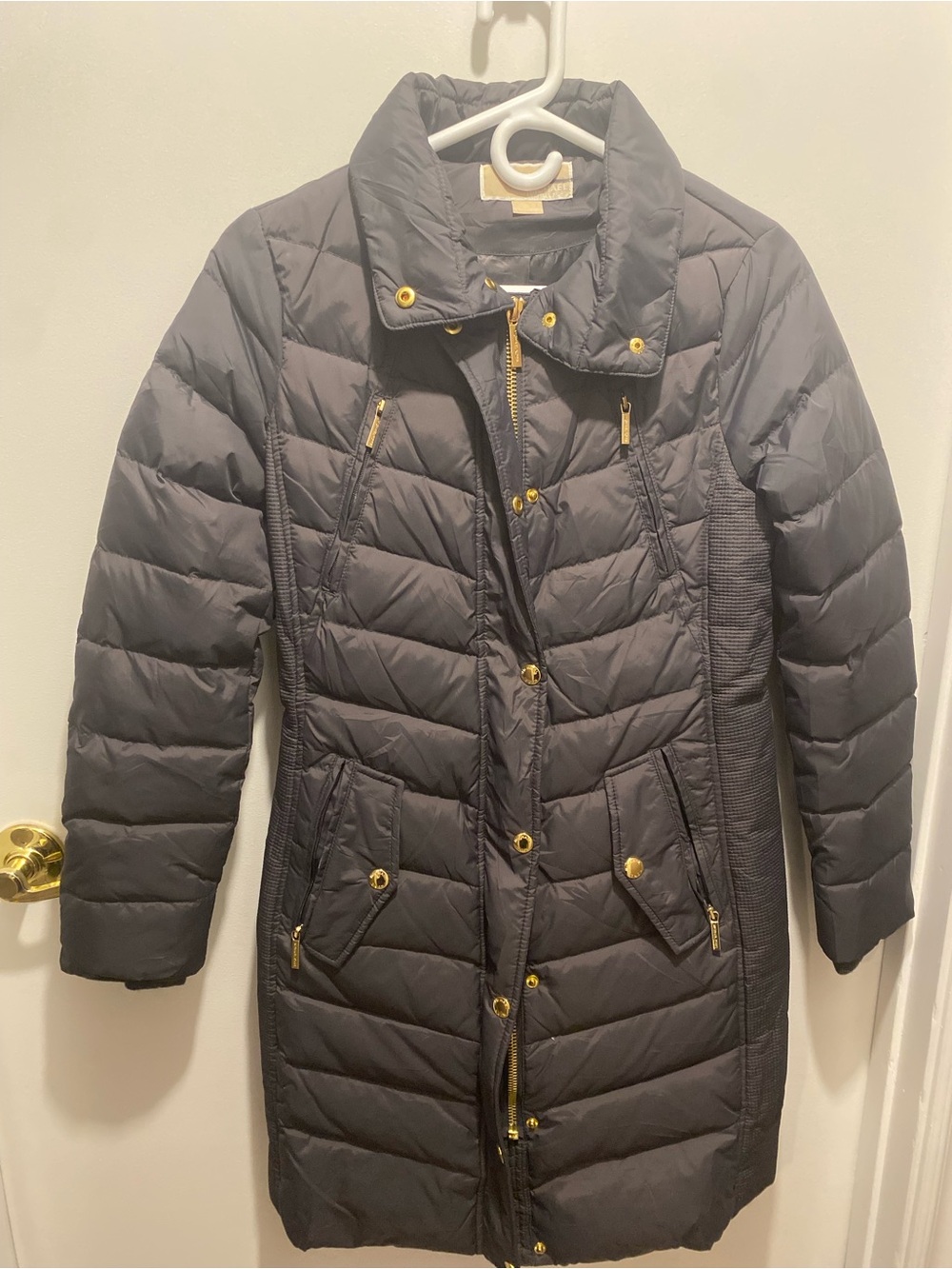 Michael Kors Dark Grey Quilted Long Puffer Coat with Gold Hardware